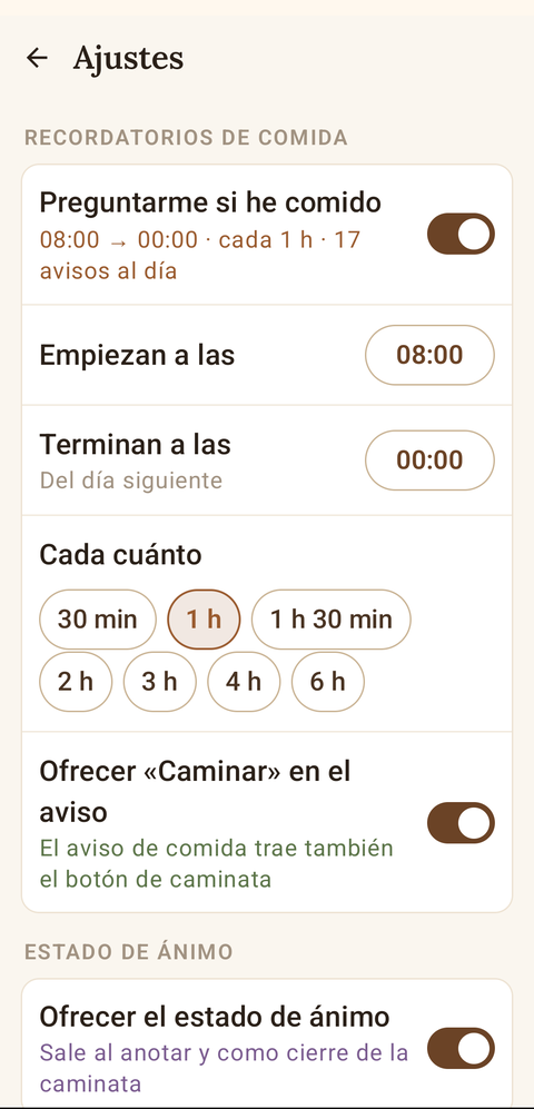 Ajustes de los recordatorios: hora de inicio, hora de fin y cada cuánto avisar
