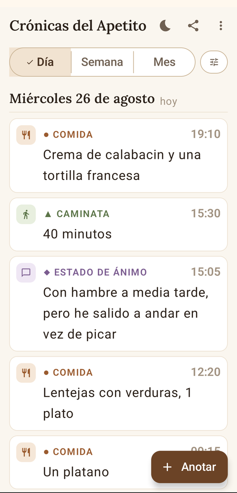 Lista de un día con las comidas, la caminata y una nota de ánimo, cada una con su hora